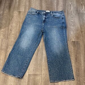Elegant Blue Rhinestone Wide Leg Jeans